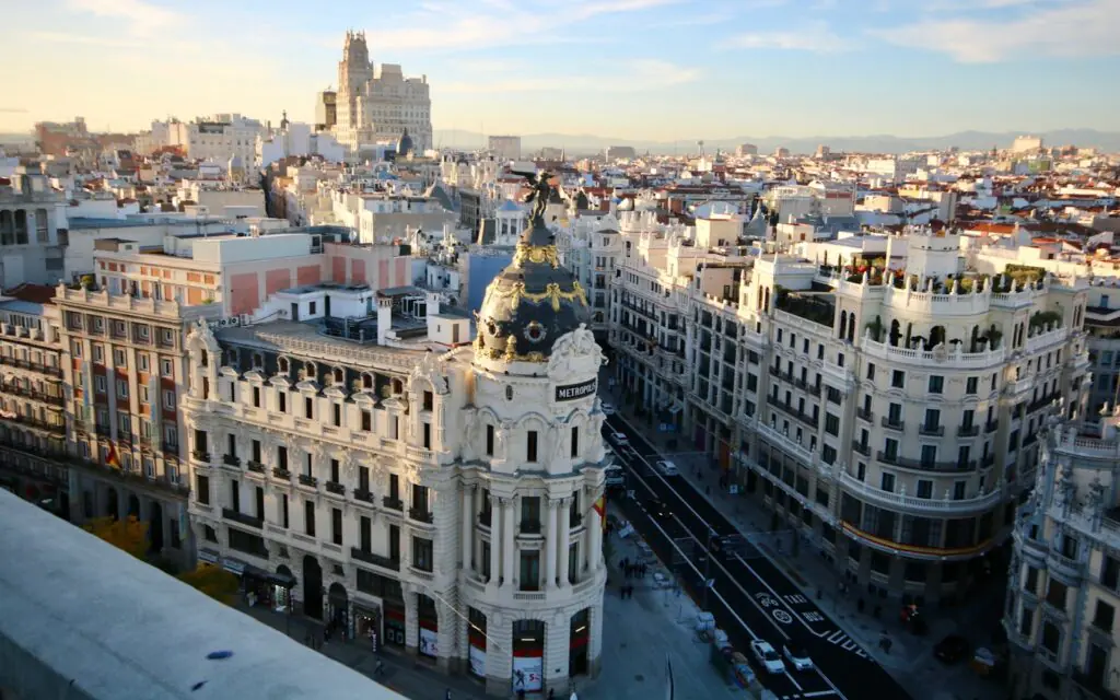 The Metropolis Building and Gran Vía seen from a rooftop in Madrid